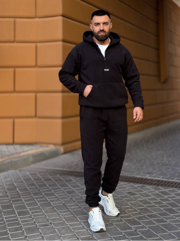 Чоловічий  флiсовий костюм з капюшоном чорного кольору 36069