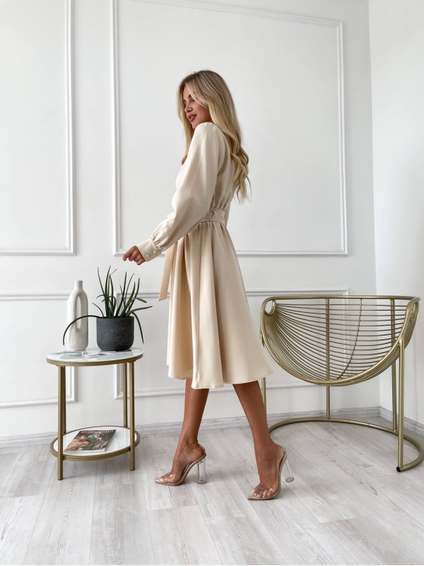 Сукня міді з поясом, світло-бежевого кольору 24223