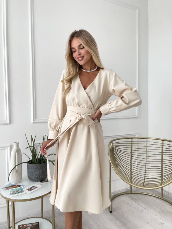 Сукня міді з поясом, світло-бежевого кольору 24223