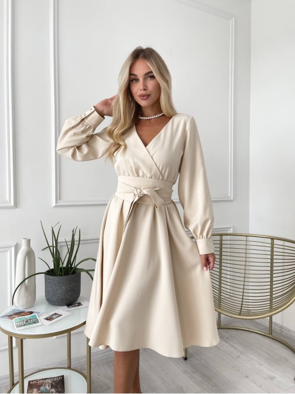Сукня міді з поясом, світло-бежевого кольору 24223