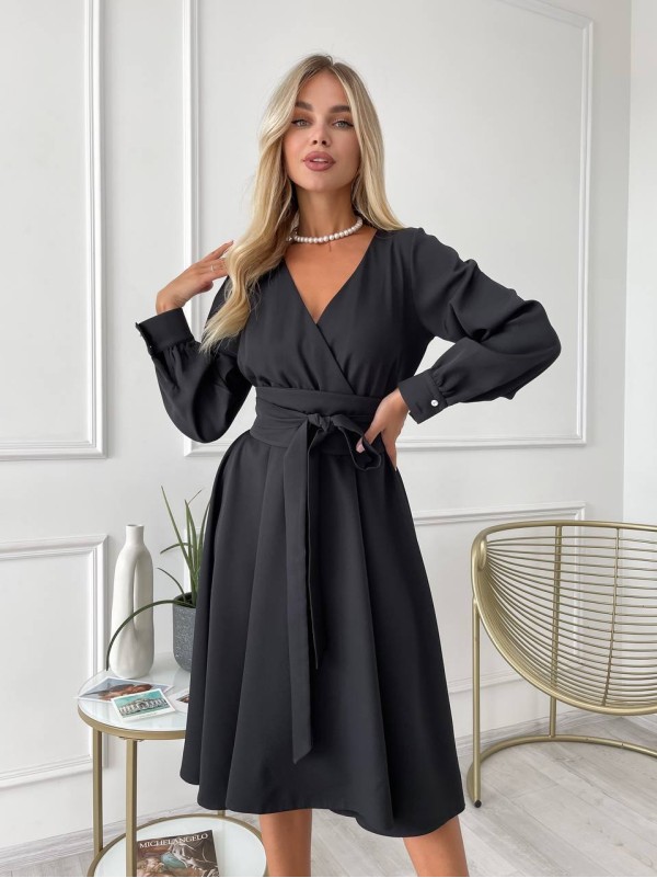 Сукня міді з поясом, чорного кольору 24226