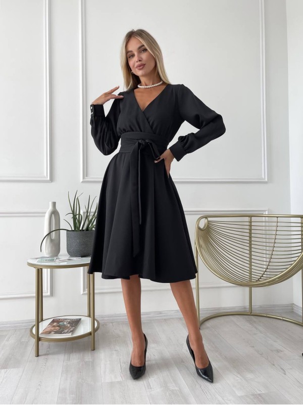 Сукня міді з поясом, чорного кольору 24226
