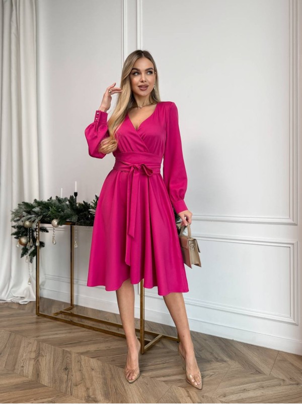 Сукня міді з поясом, малинового кольору 24230