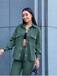 Жіночий костюм із мікровельвету на кнопках кольору хакi 26052