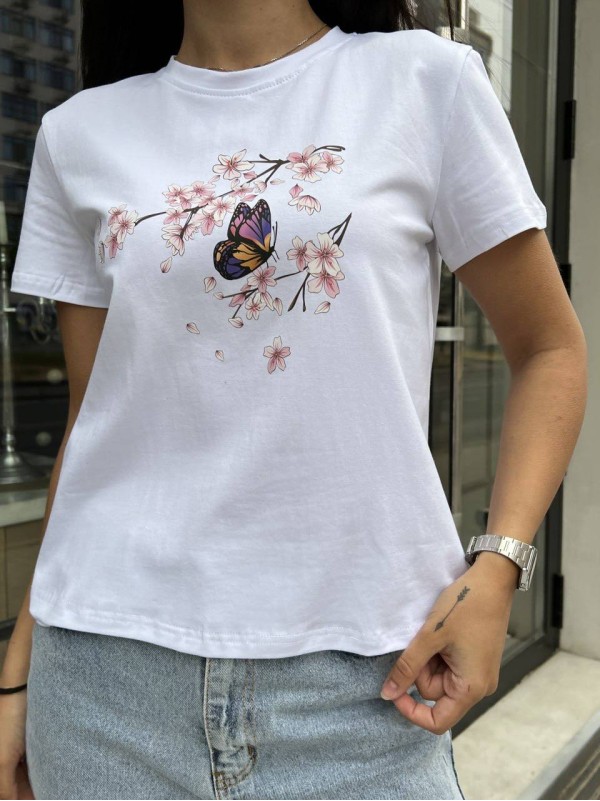 Жіноча футболка з принтом квiтiв, бiлого кольору 27208