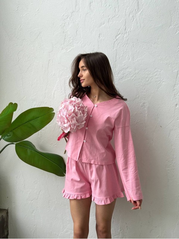 Льняний костюм 2-ка шорти+сорочка рожевого кольору 28215