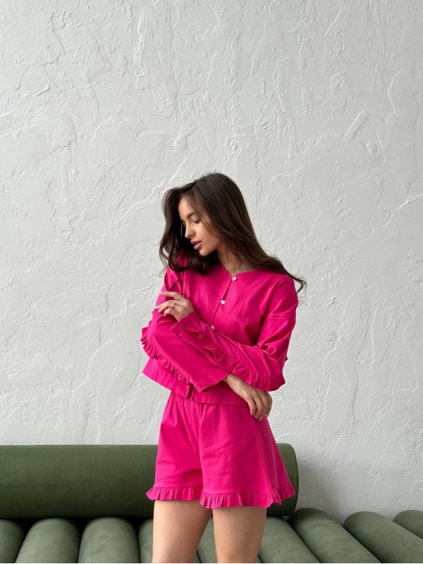 Льняний костюм 2-ка шорти+сорочка малинового кольору 28216