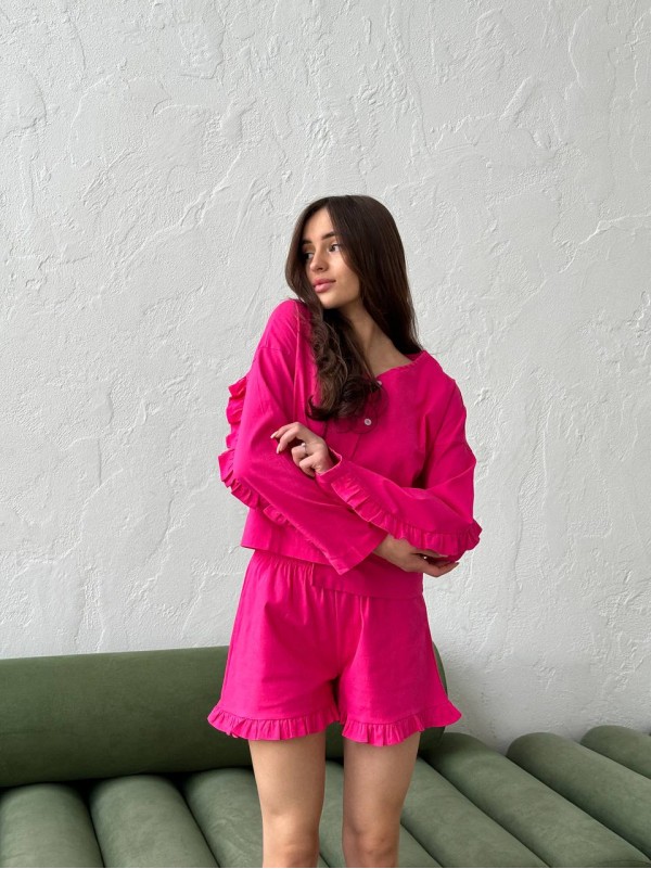 Льняний костюм 2-ка шорти+сорочка малинового кольору 28216