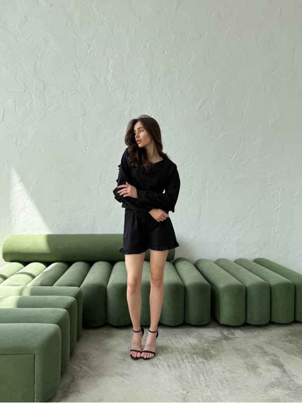 Льняний костюм 2-ка шорти+сорочка чонрого кольору 28217