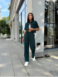 Жіночий прогулянковий костюм з мікро-вельвету смарагдового кольору 28721