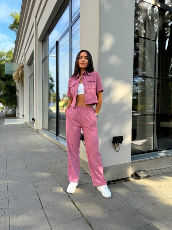 Жіночий прогулянковий костюм з мікро-вельвету пудрового кольору 28724