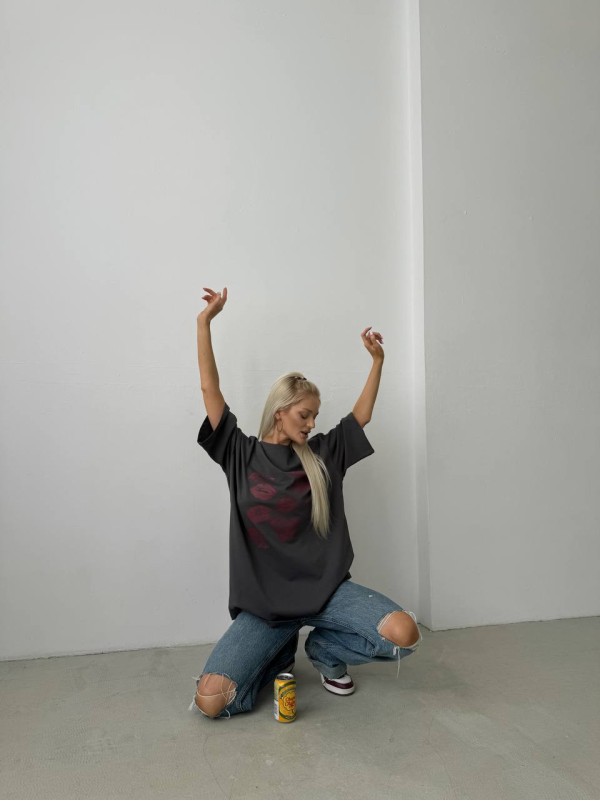 Бавовняна футболка з принтом графітового кольору 28846