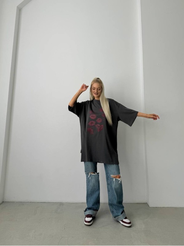 Бавовняна футболка з принтом графітового кольору 28846