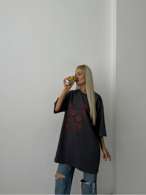 Бавовняна футболка з принтом графітового кольору 28846