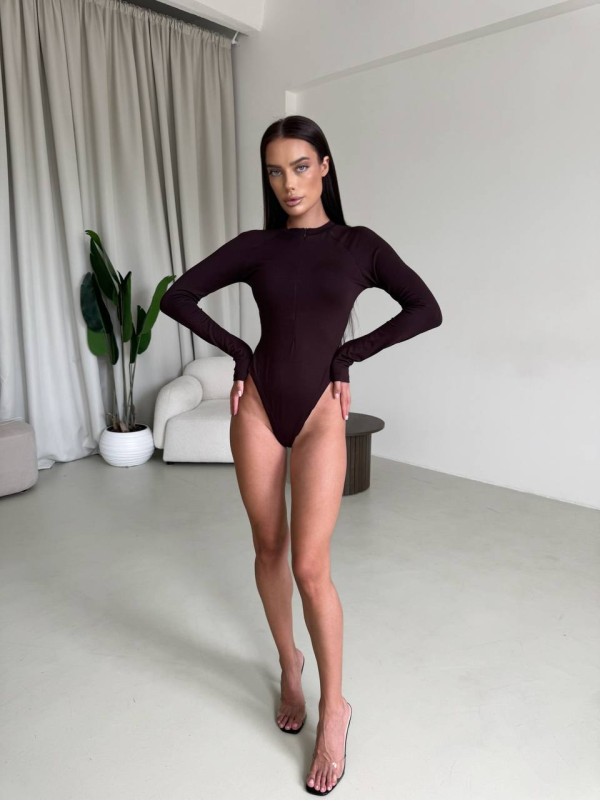 Боді з рукавом із прихованою блискавкою коричневого кольору 28912