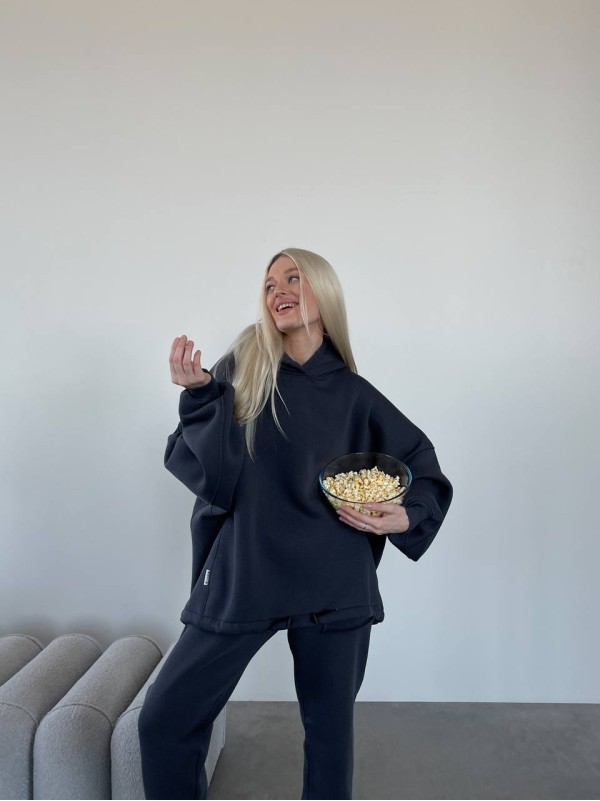 Стильний та вільний худі з вишивкою "Mriya" графітового кольору 29054