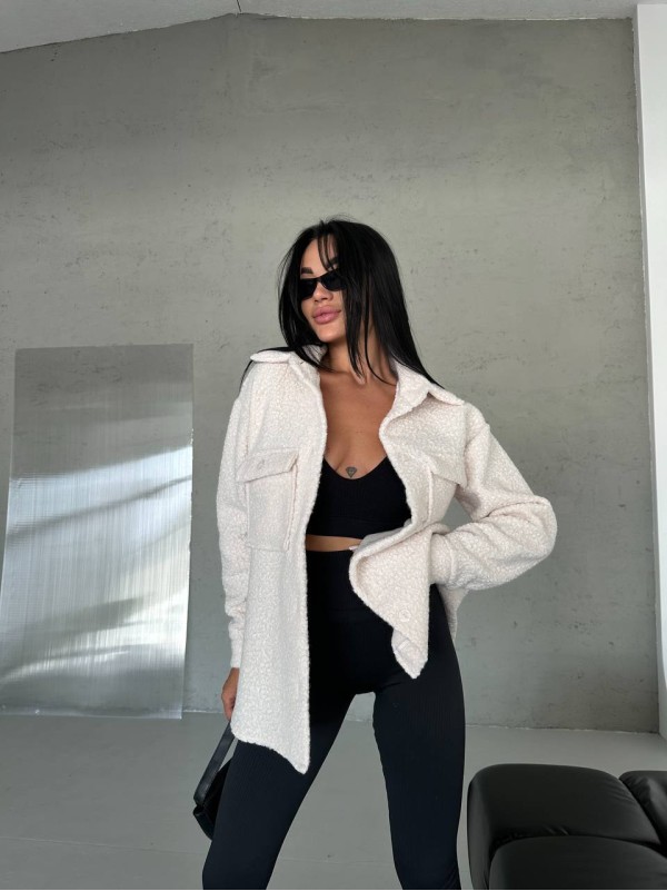 Тепла сорочка оверсайз молочного кольору 29075