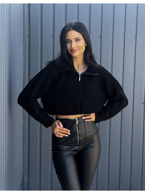 Укорочений жіночий светр на блискавці чорного кольору 29283