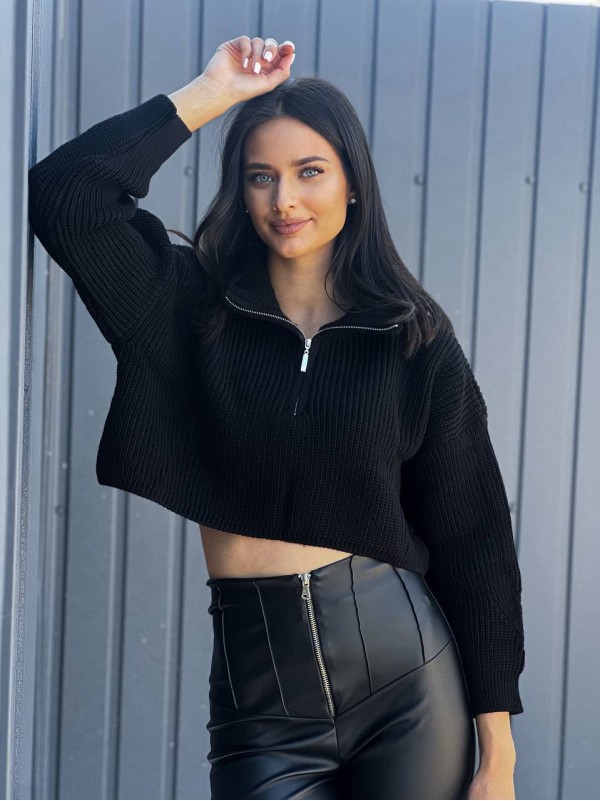 Укорочений жіночий светр на блискавці чорного кольору 29283