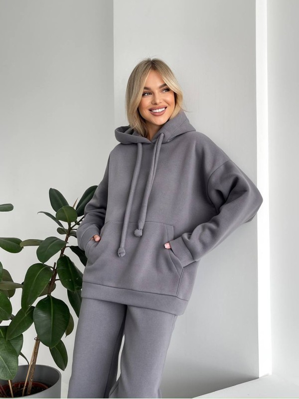 Теплий жіночий костюм з капюшоном графiтового кольору 29397