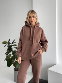 Теплий жіночий костюм з капюшоном кавового кольору 29398