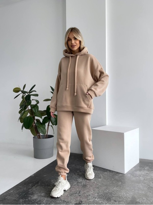 Теплий жіночий костюм з капюшоном бежевого кольору 29399
