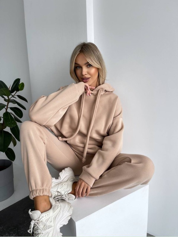 Теплий жіночий костюм з капюшоном бежевого кольору 29399