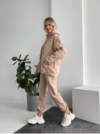 Теплий жіночий костюм з капюшоном бежевого кольору 29399