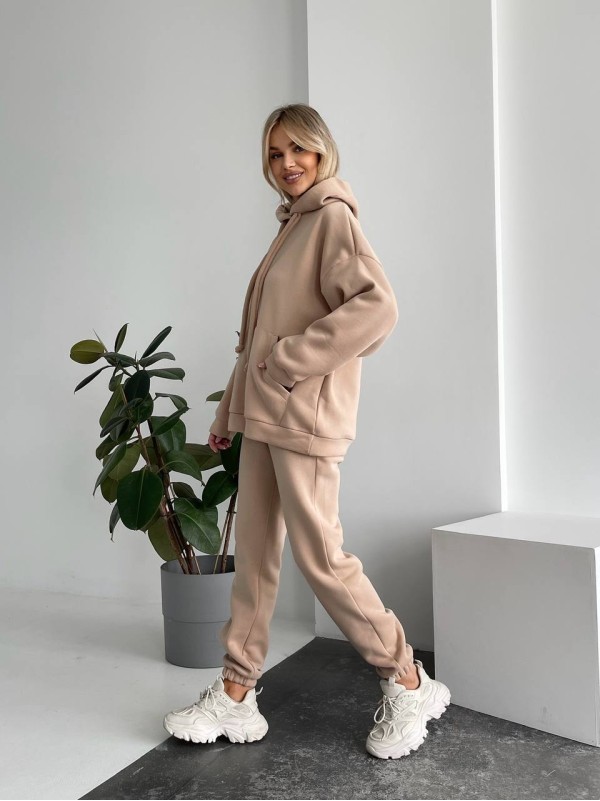 Теплий жіночий костюм з капюшоном бежевого кольору 29399