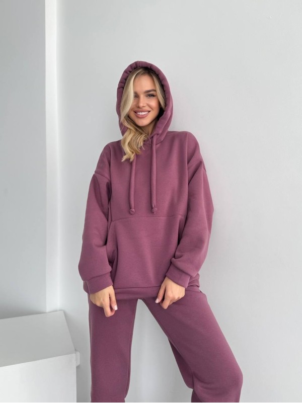 Теплий жіночий костюм з капюшоном пудрового кольору 29405