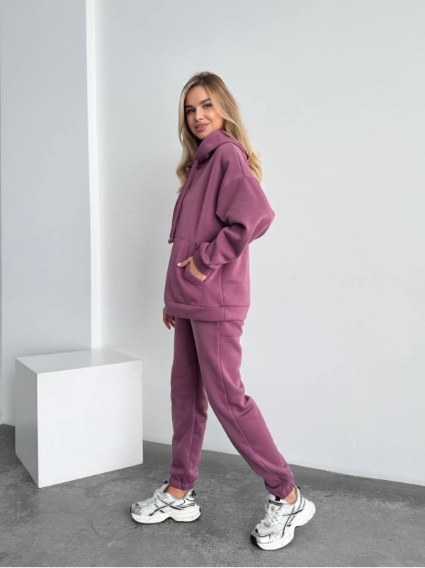 Теплий жіночий костюм з капюшоном пудрового кольору 29405