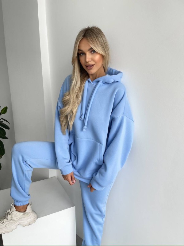 Теплий жіночий костюм з капюшоном блакитного кольору 29406