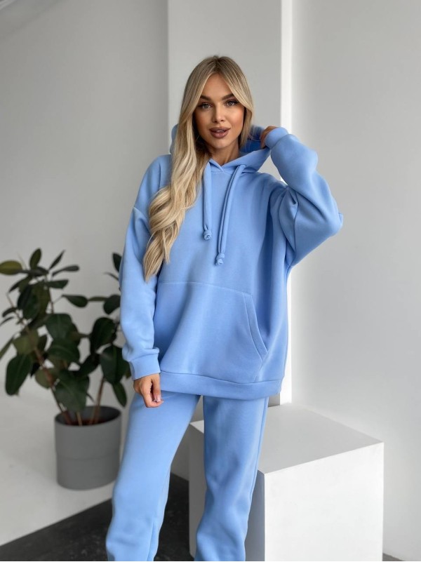 Теплий жіночий костюм з капюшоном блакитного кольору 29406