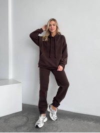 Теплий жіночий костюм з капюшоном коричневого кольору 29407