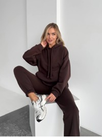 Теплий жіночий костюм з капюшоном коричневого кольору 29407