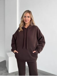 Теплий жіночий костюм з капюшоном коричневого кольору 29407