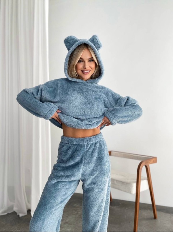 Жіночий махровий домашній костюм синього кольору 29416