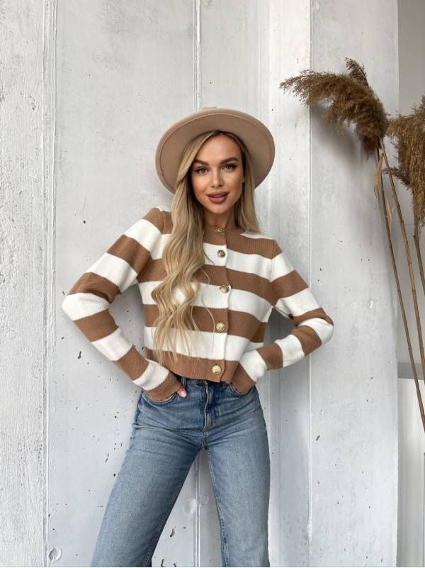 Жіноча кофта на гудзиках у кавову смужку білого кольору 29587