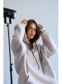 Тепле жіноче худі з великою кишенею бежевого кольору 29614