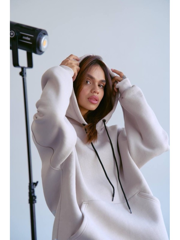 Тепле жіноче худі з великою кишенею бежевого кольору 29614