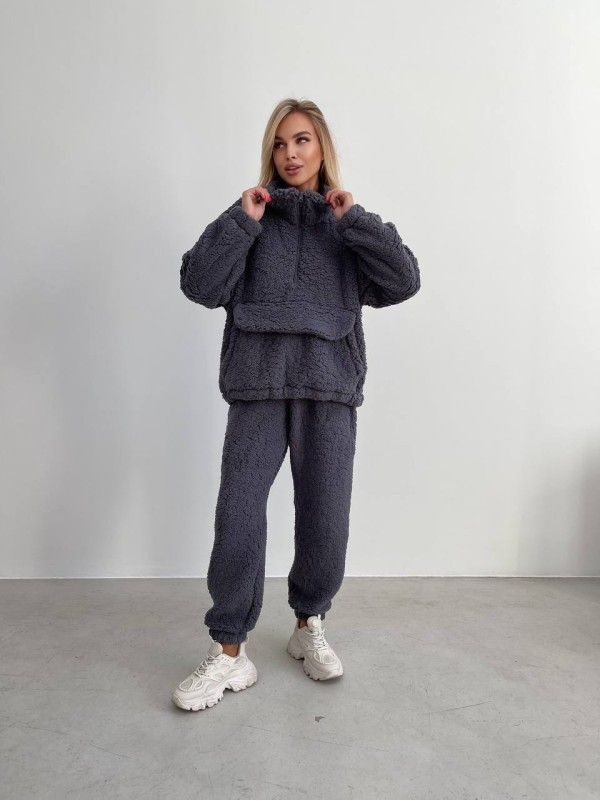 Жіночий теплий та стильний костюм Тедді графiтового кольору 29667
