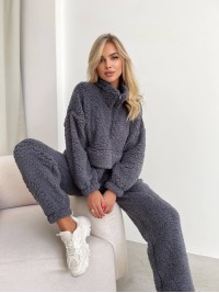 Жіночий теплий та стильний костюм Тедді графiтового кольору 29667