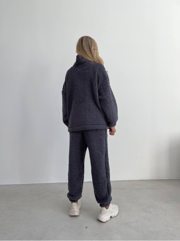 Жіночий теплий та стильний костюм Тедді графiтового кольору 29667