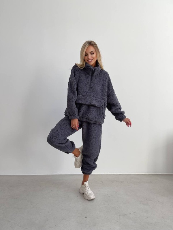 Жіночий теплий та стильний костюм Тедді графiтового кольору 29667