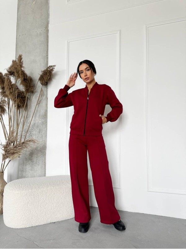 Жіночий теплий костюм на змійці бордового кольору 29777