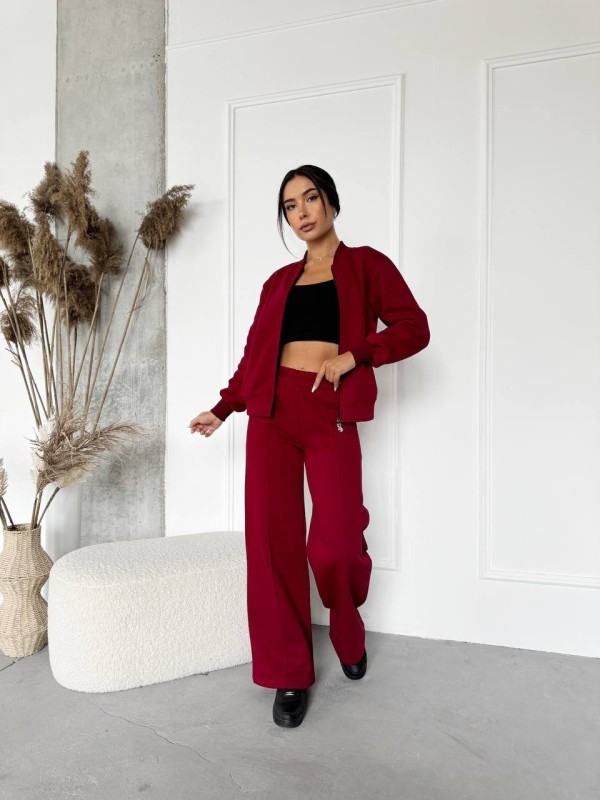 Жіночий теплий костюм на змійці бордового кольору 29777