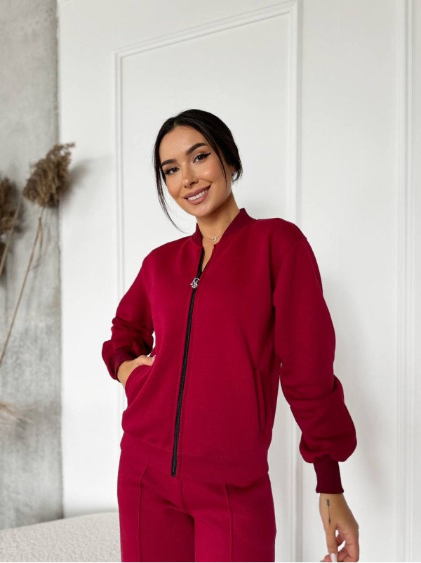 Жіночий теплий костюм на змійці бордового кольору 29777